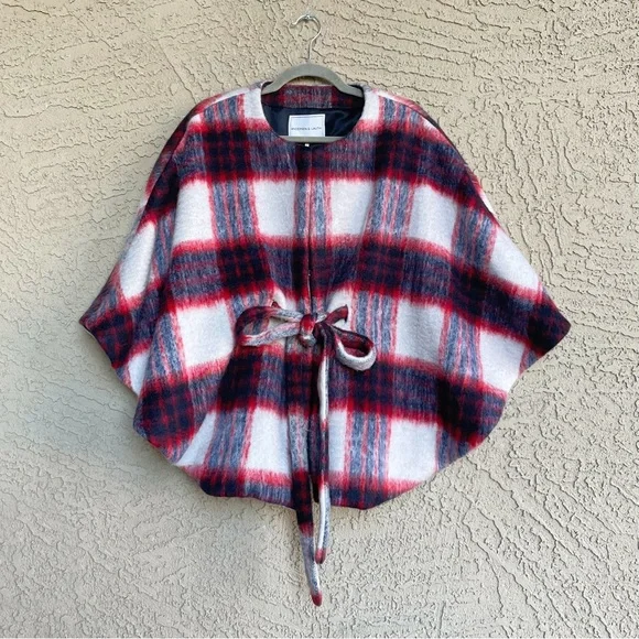ANTHROPOLOGIE NWT Blue Plaid Brushed Wool Johanna Capelet Poncho Belted Cape OS